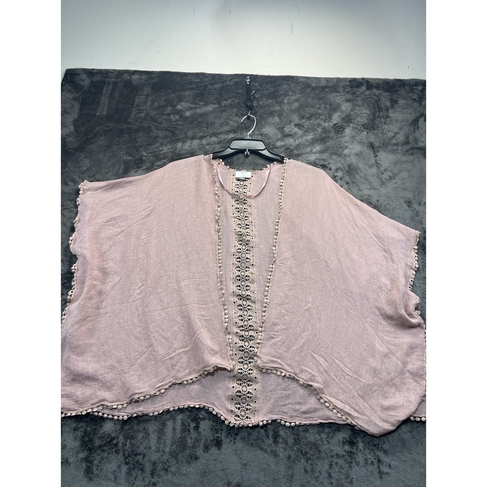 David & Young Pink Boho Kimono Cover Up One Size Crochet Trim Shawl